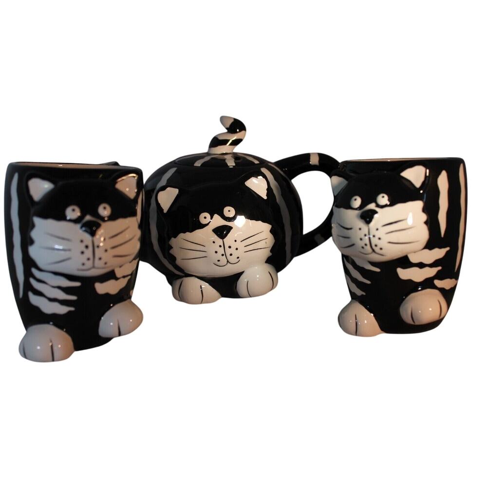 Burton & Burton Chester The Cat Ceramic Teapot & 2 Cat Mugs CLEAN